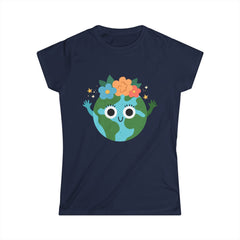 Eco-Friendly Women's Softstyle Tee - Cute Earth Design, Sustainable Fashion, Nature Lover Gift, Earth Day Celebration, Everyday Wear