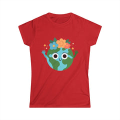 Eco-Friendly Women's Softstyle Tee - Cute Earth Design, Sustainable Fashion, Nature Lover Gift, Earth Day Celebration, Everyday Wear