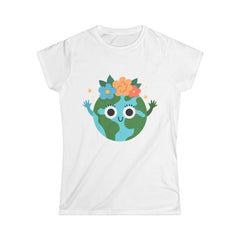 Eco-Friendly Women's Softstyle Tee - Cute Earth Design, Sustainable Fashion, Nature Lover Gift, Earth Day Celebration, Everyday Wear